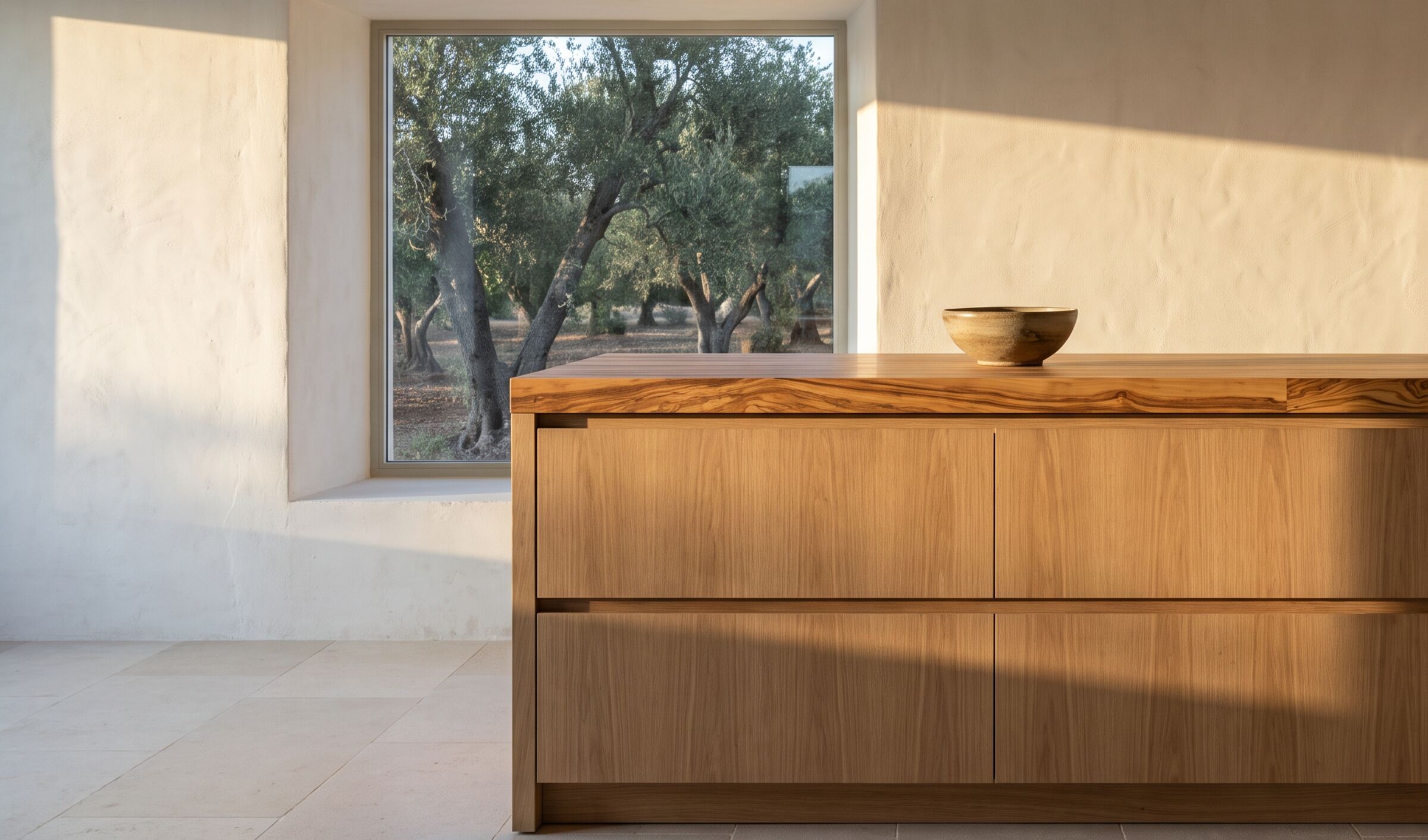 Imagen conceptual: una isla de cocina con frentes de roble europeo de veta recta, acabado al aceite, y encimera de olivo, en una estancia encalada con olivos al otro lado de la ventana